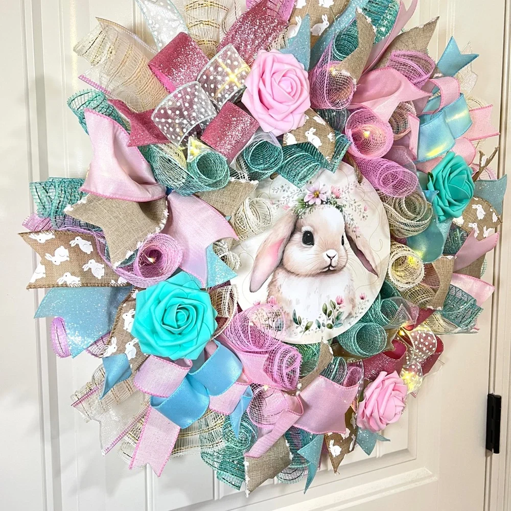 Handmade Spring or Easter Bunny Prelit Ribbon Wreath 22 in LED W22